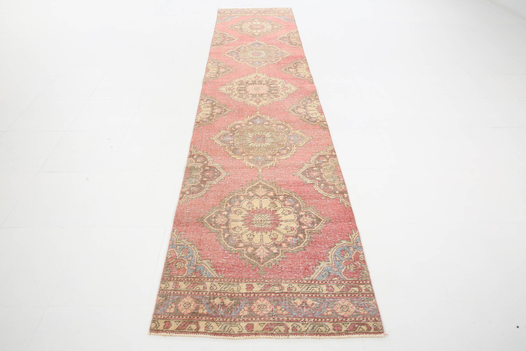 3x12 Pale Red Cream Soft Wool Vintage Runner Rug
