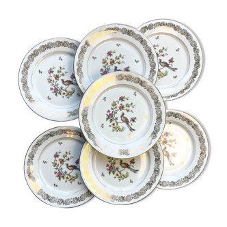 7 assiettes plates en porcelaine de Limoges Berry motif oiseau de paradis