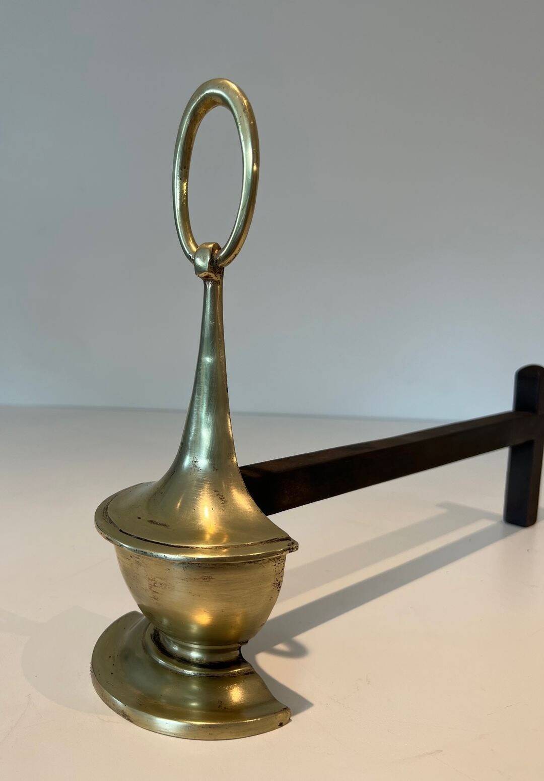 Pair of Bronze Chenets in Neoclassical Style in the Form of an Oil Lamp