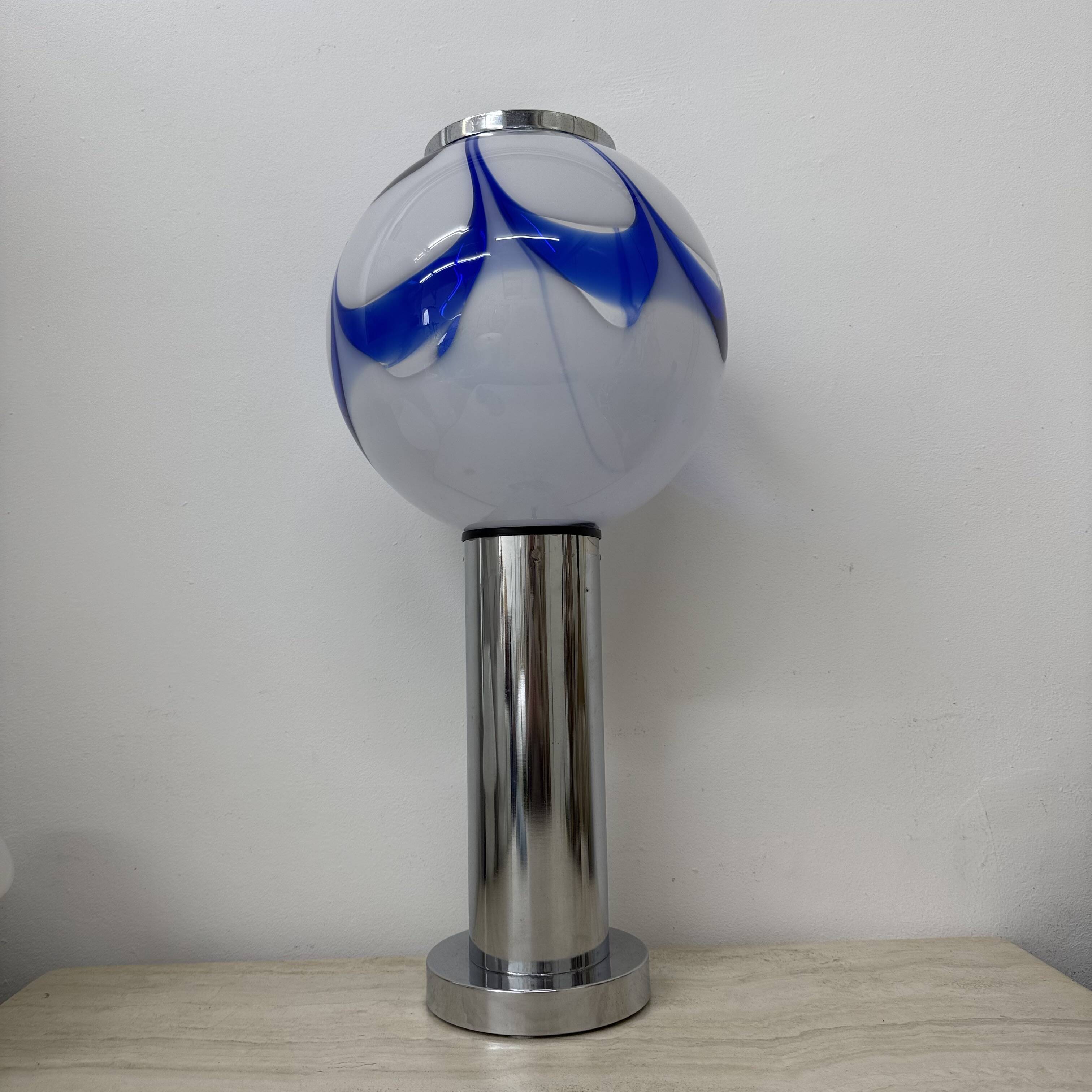 Mid – century Large glass table lamp with blue swirl , 1970s Italy
