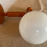 Vintage wooden globe wall light in white glass