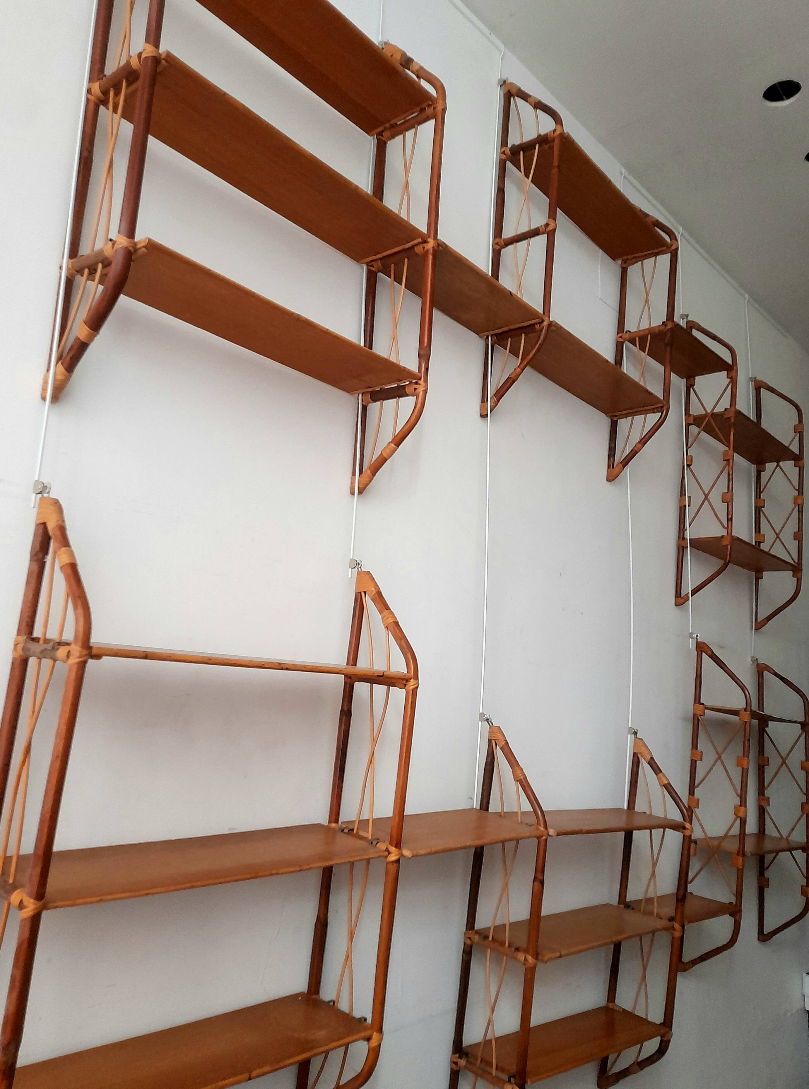 Shelves / Wall bookcase with bamboo ladders Vintage from the 60s Modular up to 7 m