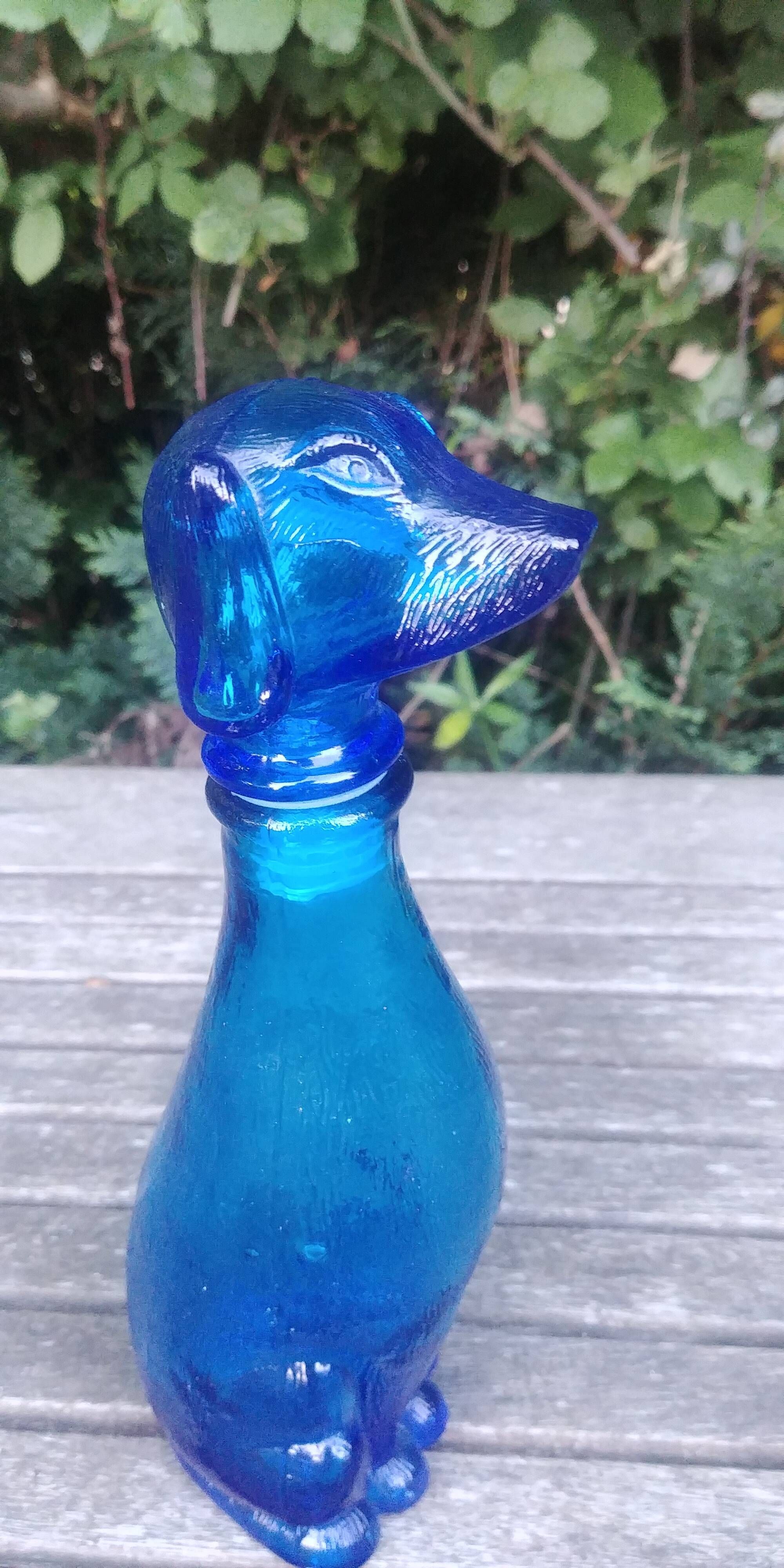 Carafe in the shape of a dog in vintage Empoli blue glass