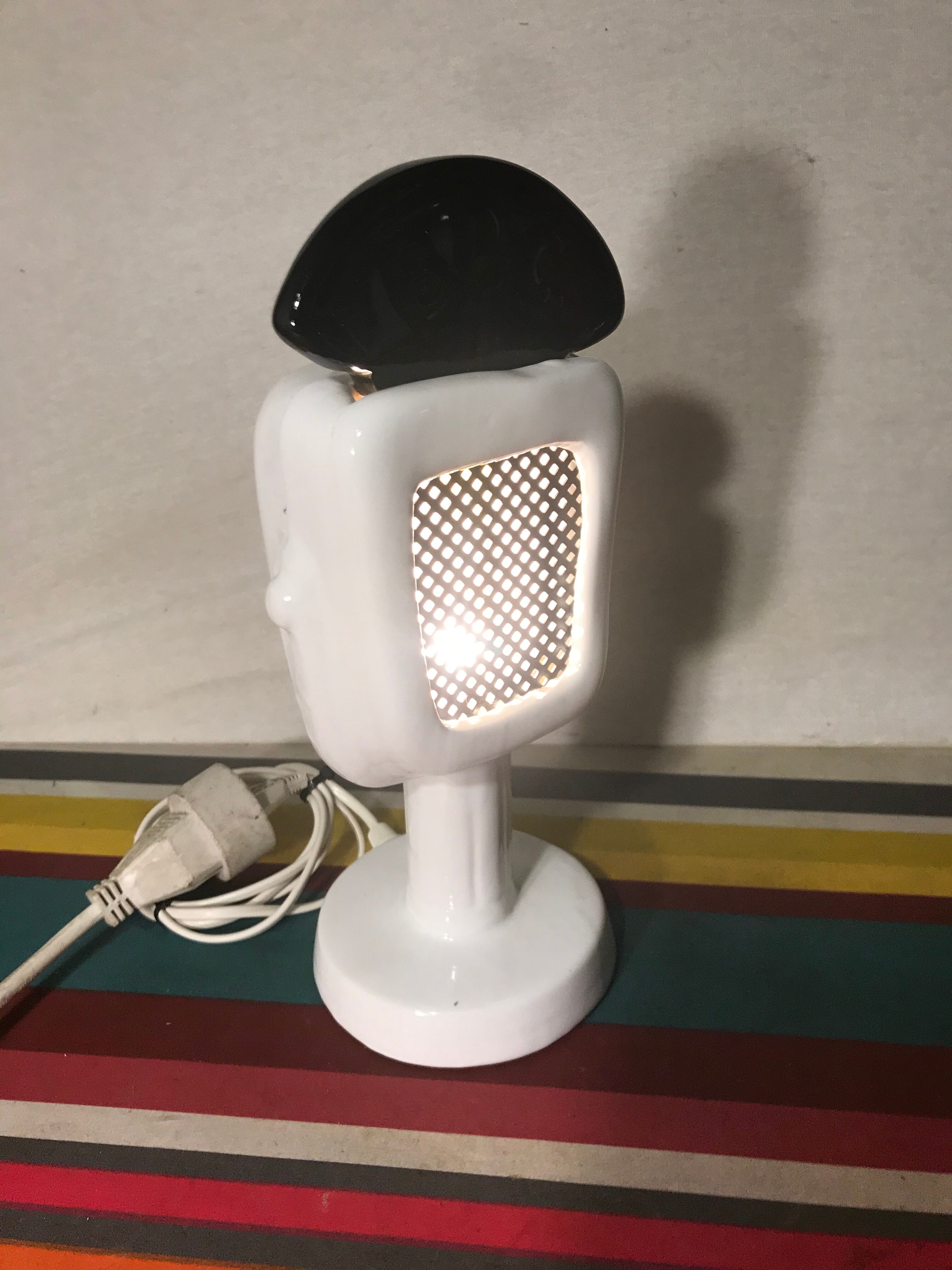 Old bbc black ceramics lamp - white - metal grid form micro vintage