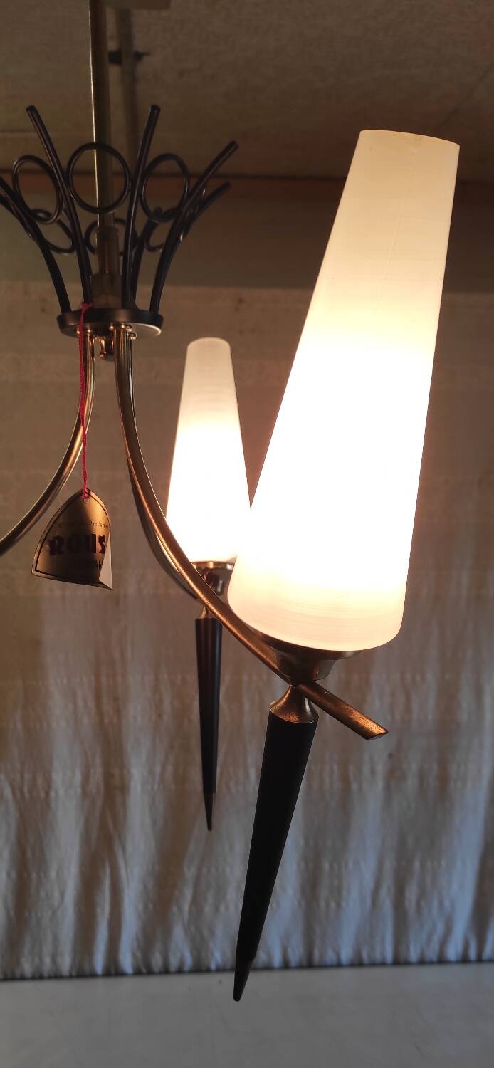 Modernist chandelier with 3 lights in gold and black metal, opaline tulip - 50s