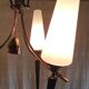 Modernist chandelier with 3 lights in gold and black metal, opaline shade - 50s