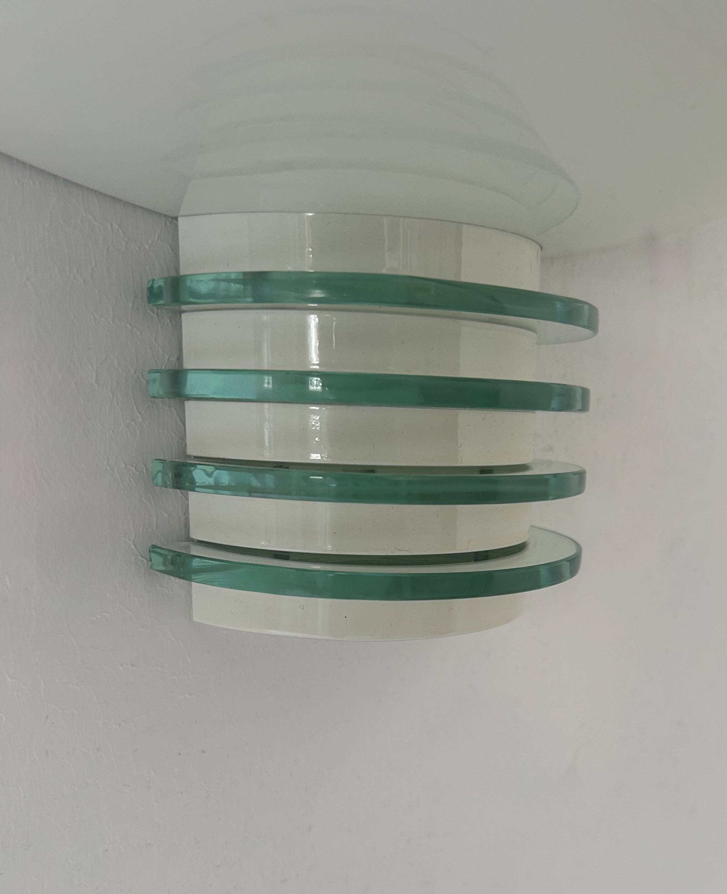 Pair of post-modernist wall lights, white metal and glass, France 1980