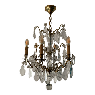 Lustre en bronze et pampilles en cristal, style Louis XVI