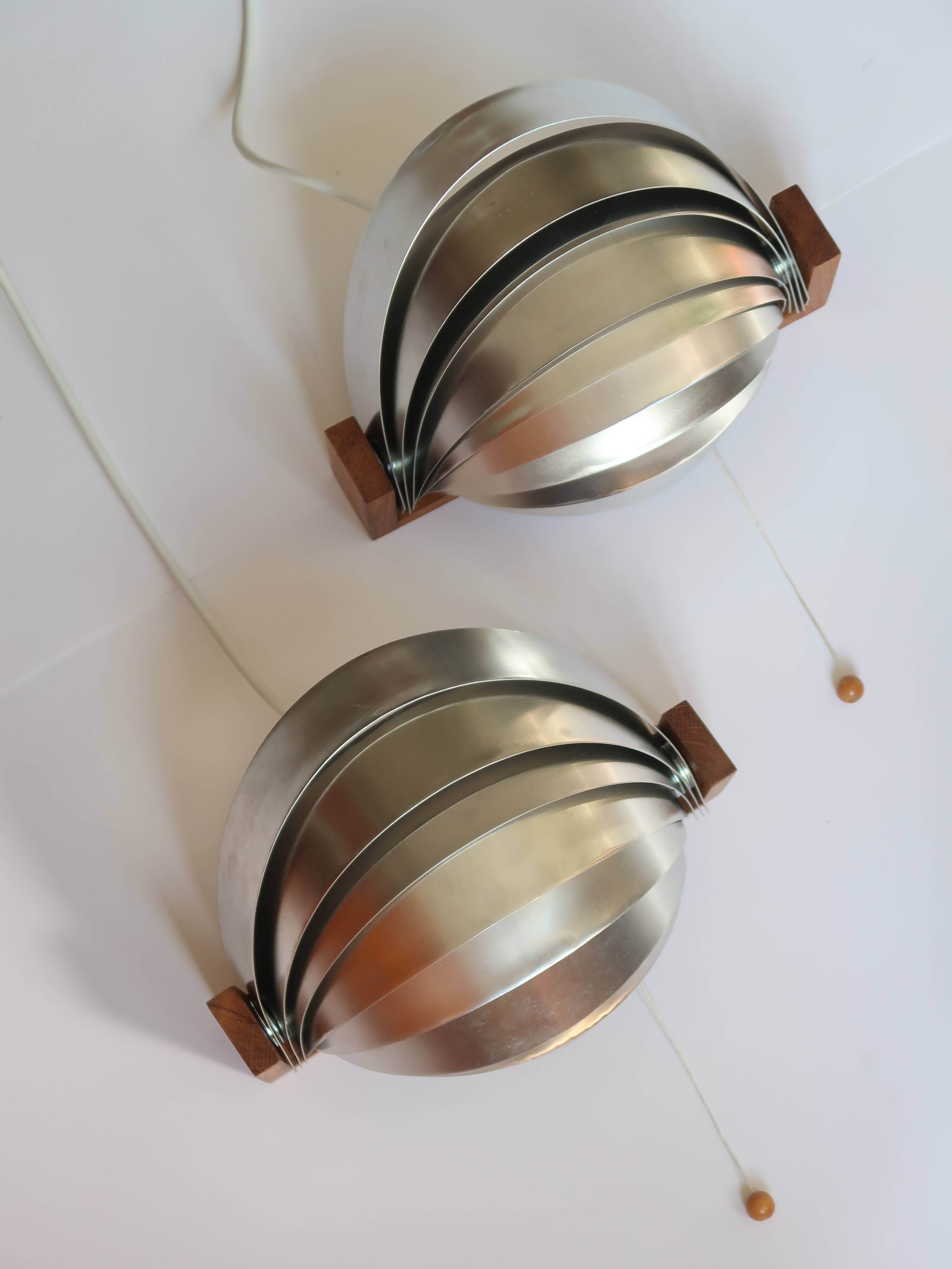 Pair of vintage 70s chrome and wood slatted wall lights