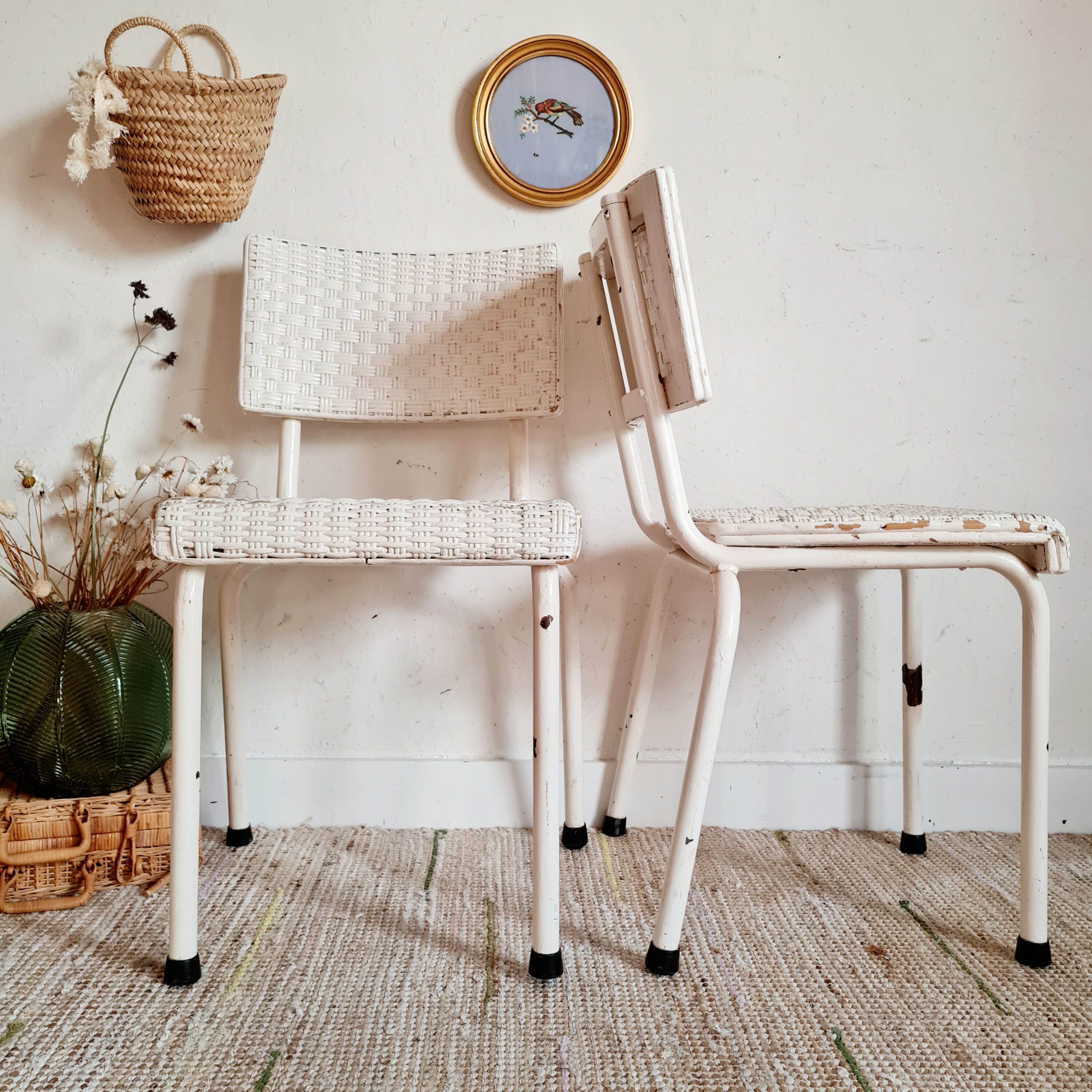 Vintage rattan bistro chairs white and metal
