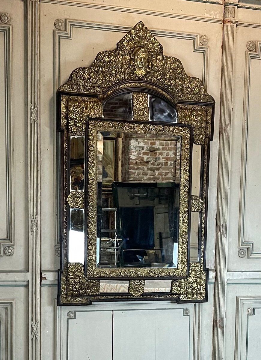 Brass and blackened wood mirror in Louis XVI style circa 1880.