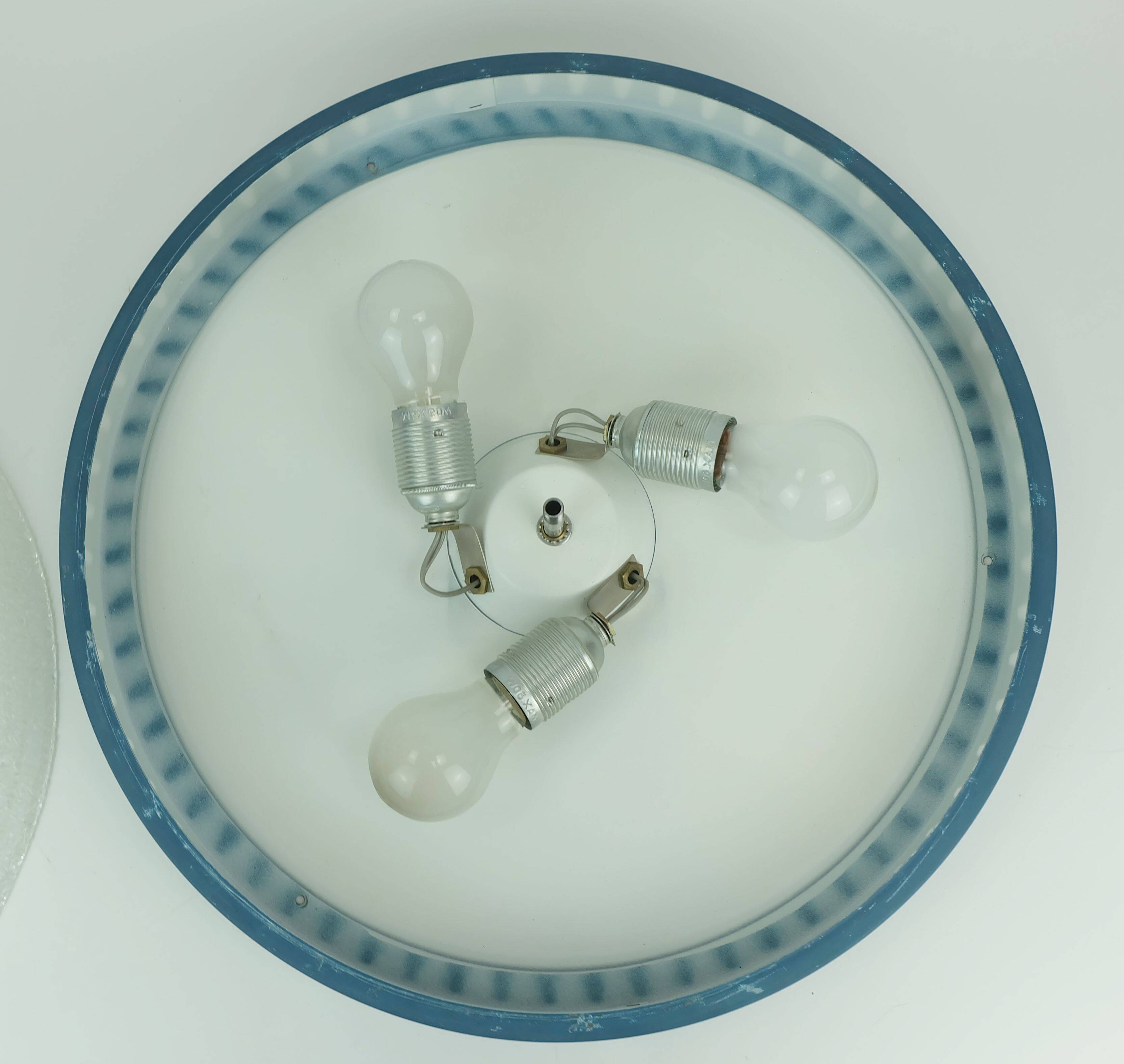 Rare large ceiling light by hillebrand 1960s textured glass blue metal fram