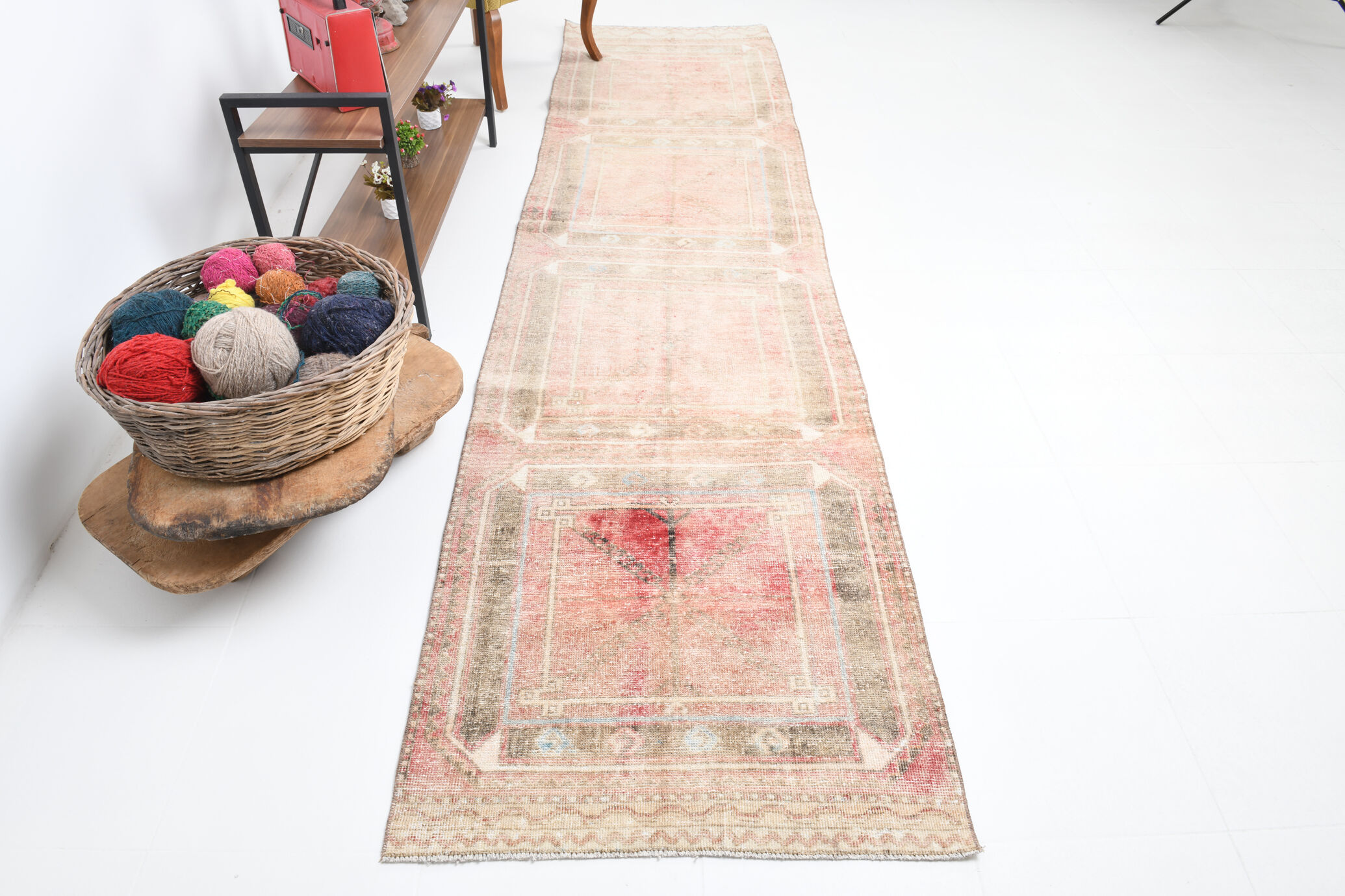 Brown red turkish runner rug, 90x336 cm