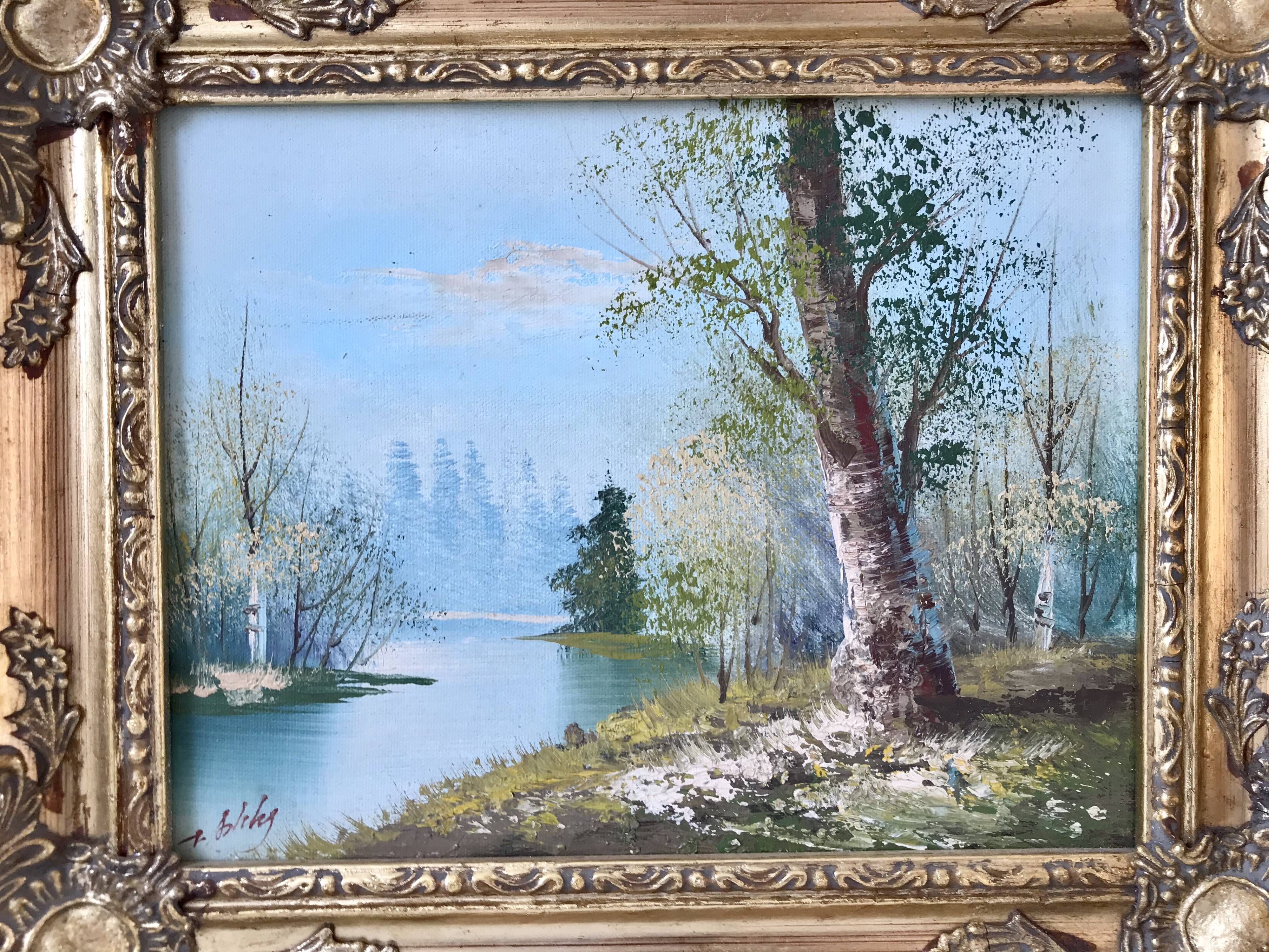painting oil on canvas landscape river and forest frame wood signed years 40-50