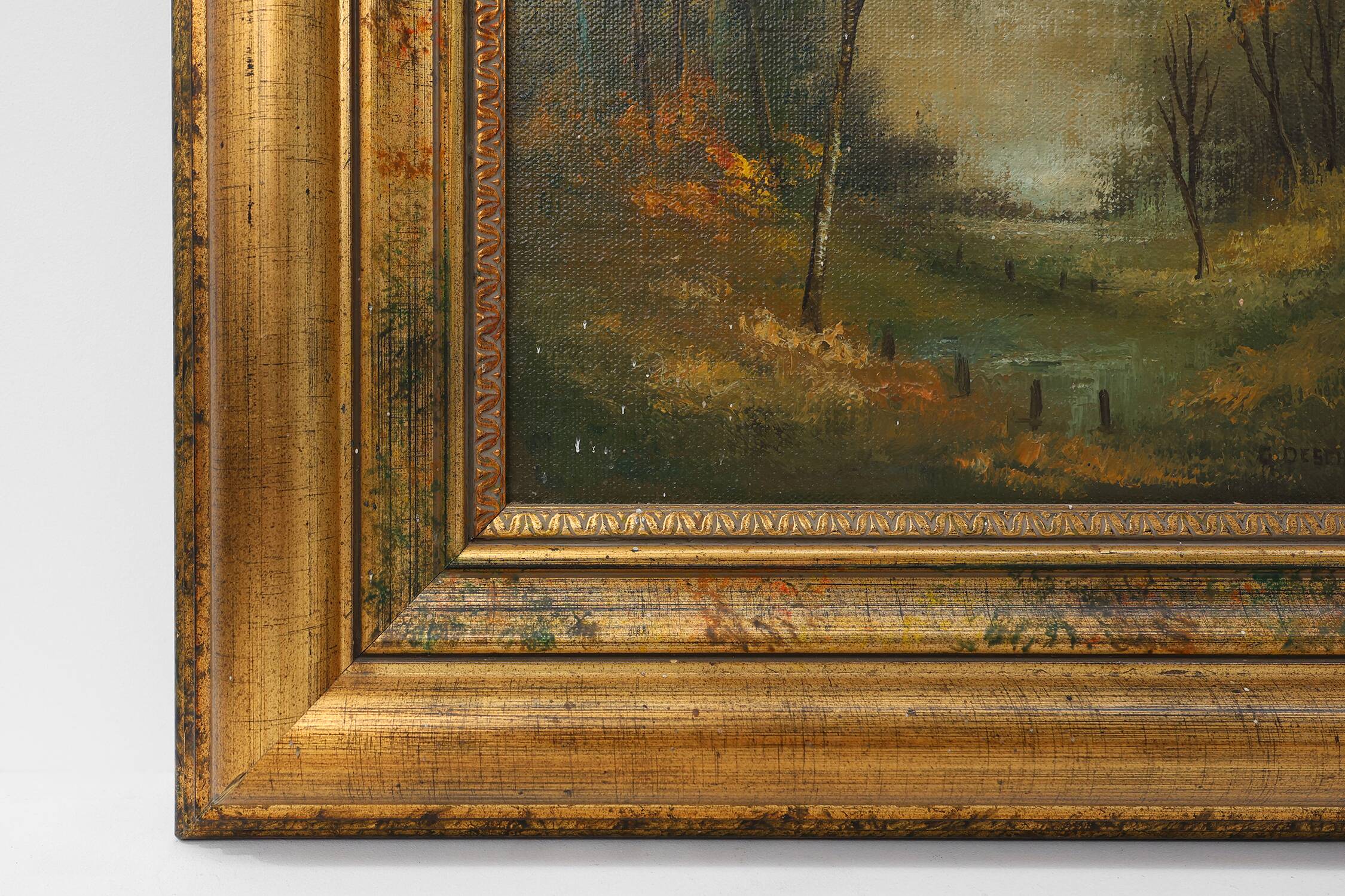 Signed Oil painting of a Landscape in Giltwood Frame, Belgium 1940s