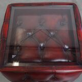 Red Cowhide Leather Chesterfield Side Table with Glass Top