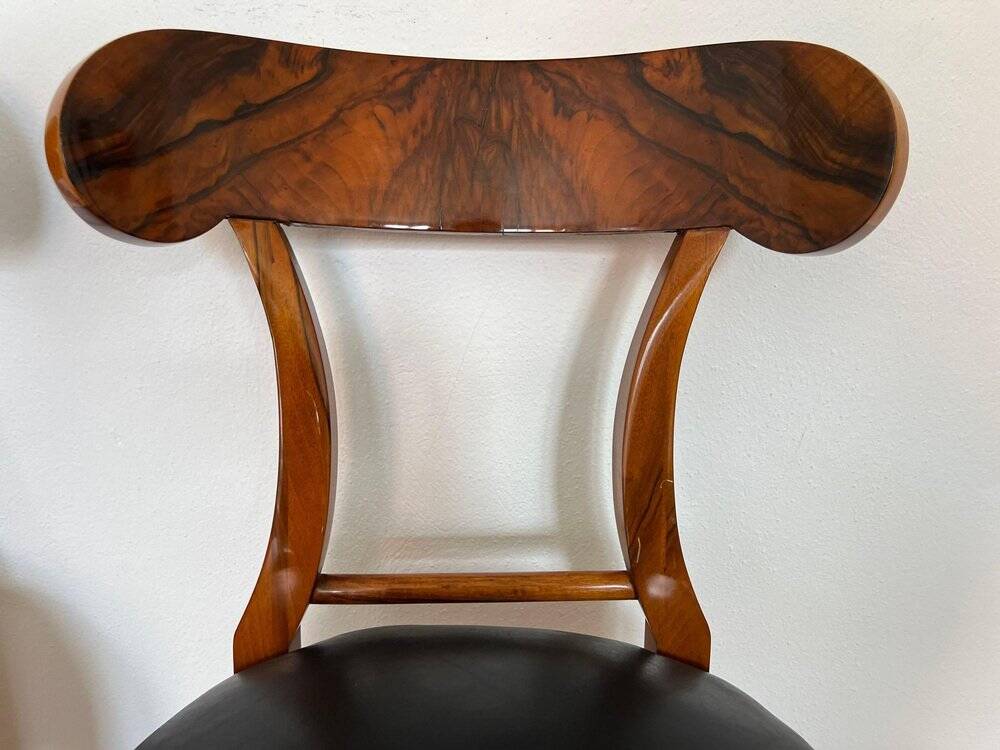 Set of Biedermeier Shovel Chairs in Walnut & Black Leather, Austria, 1820s