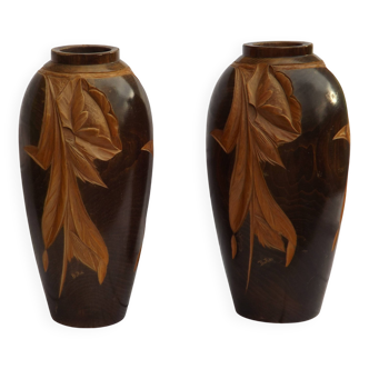 2 Vases en bois fait à la main signés DURA