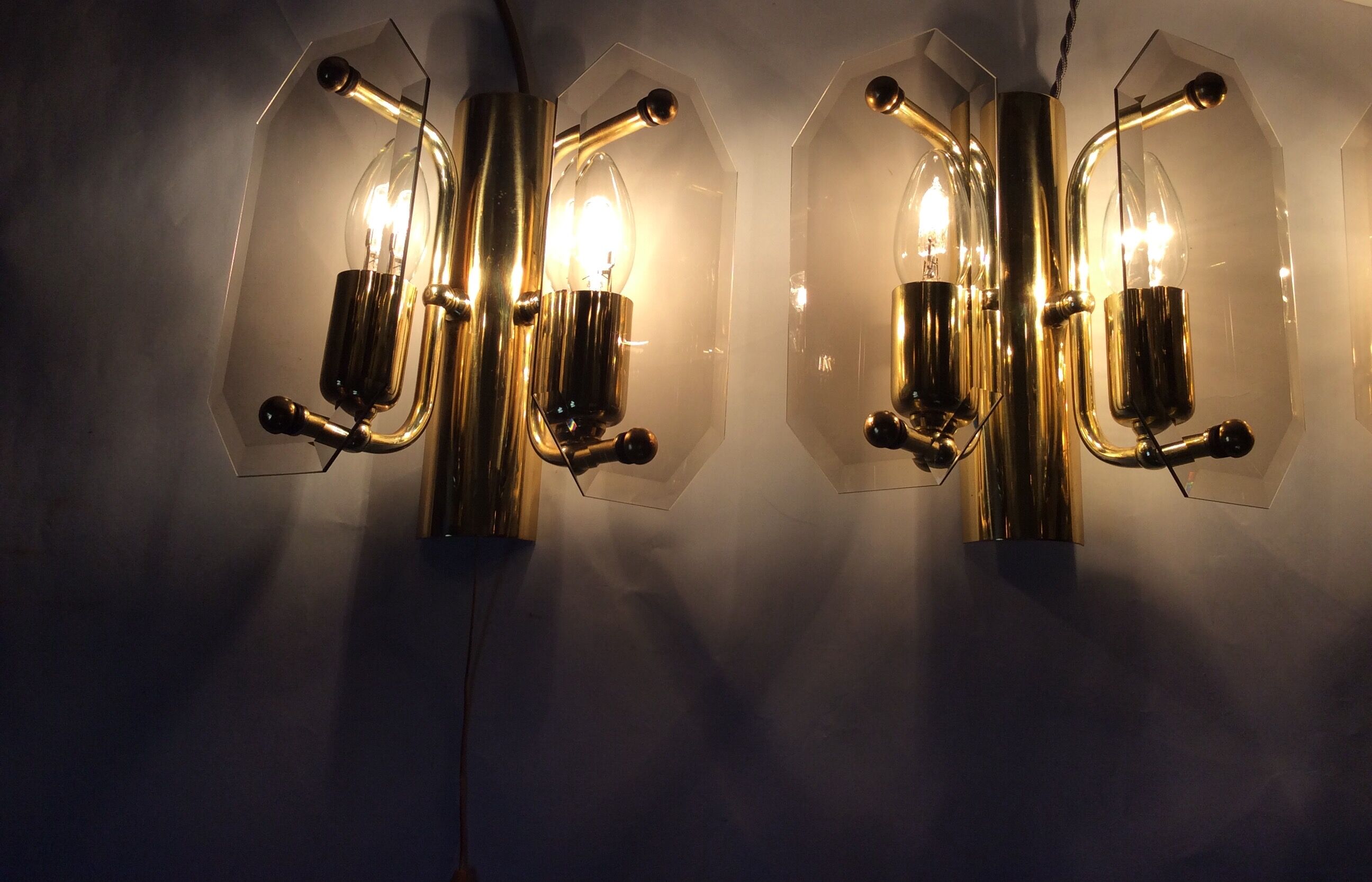 3 brass and vintage glass wall sconces