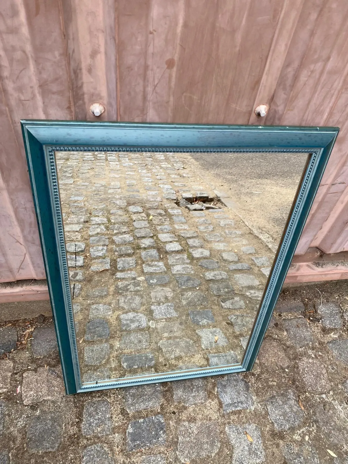Large wall mirror 50x70 cm — Patinated & beaded blue petrol wooden frame