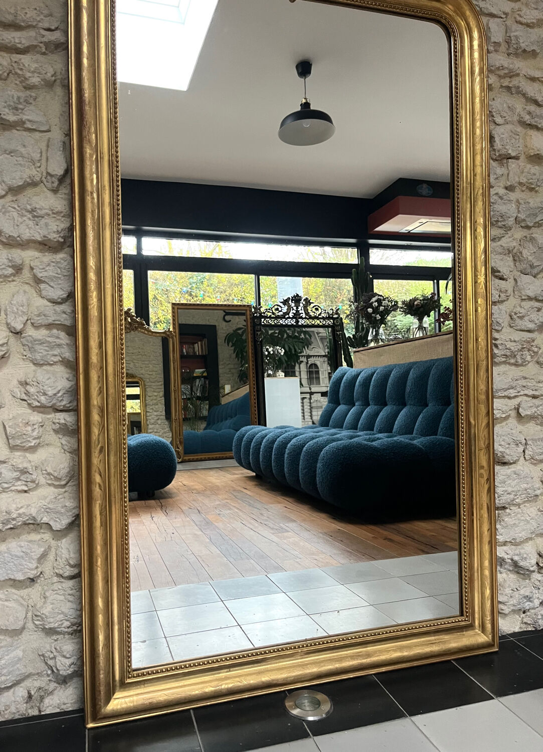 Antique mirror 173/94.5cm Louis-Philippe with a pediment and beaded overmantel.