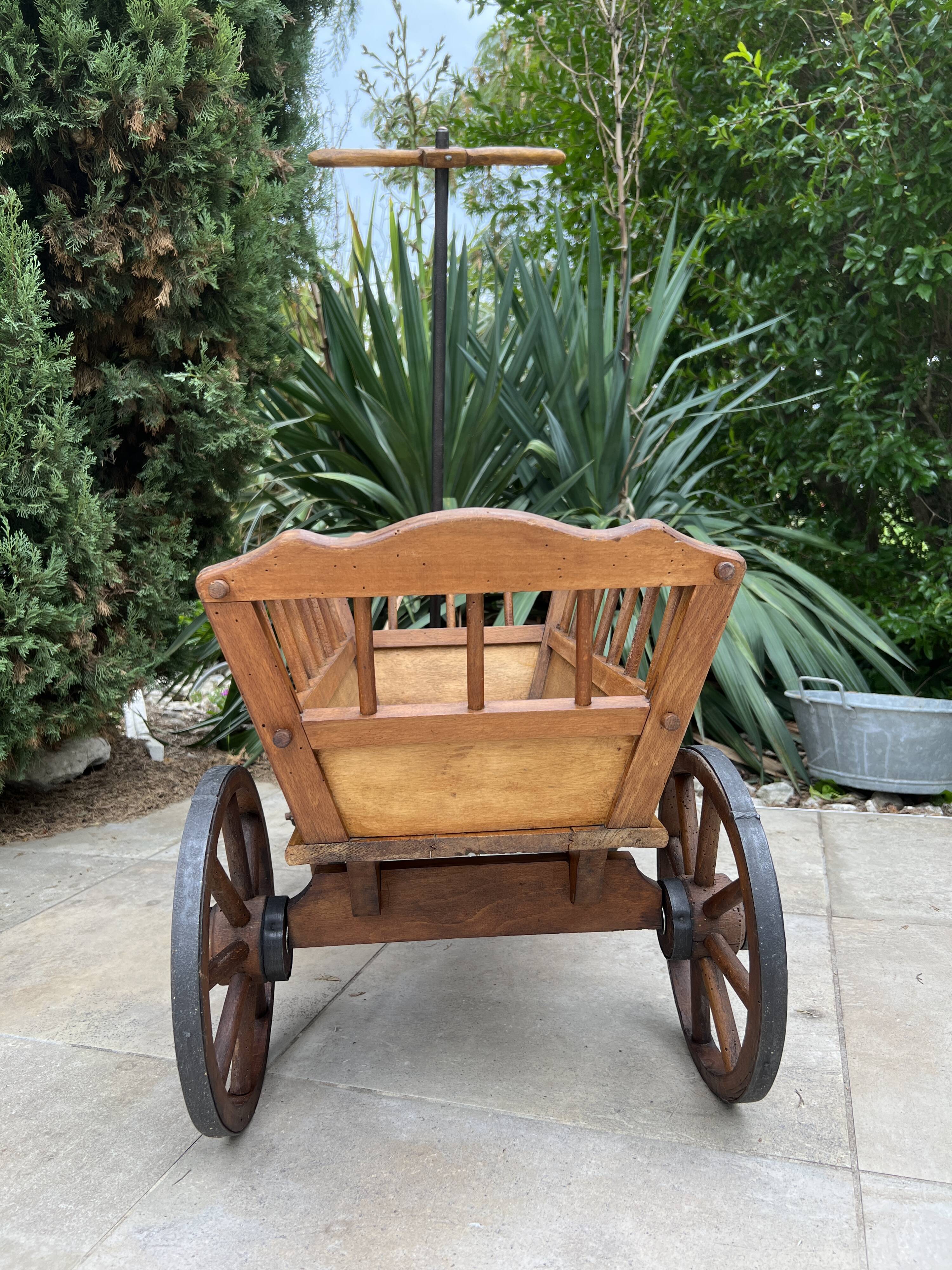 19th century cart in wood and wrought iron, garden cart, storage