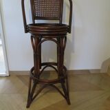 Set of 2 swivel bar stools / chairs - wood - cane - rattan - 80s