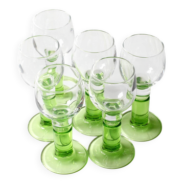 Ensemble de 6 verres à liqueur Limoncino vintage, verres à shot à tige verte Bormioli.