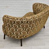 Canapé danois 2 places "banana", état d'origine, tissu d'ameublement run/beige, bois de hêtre, années 1960,