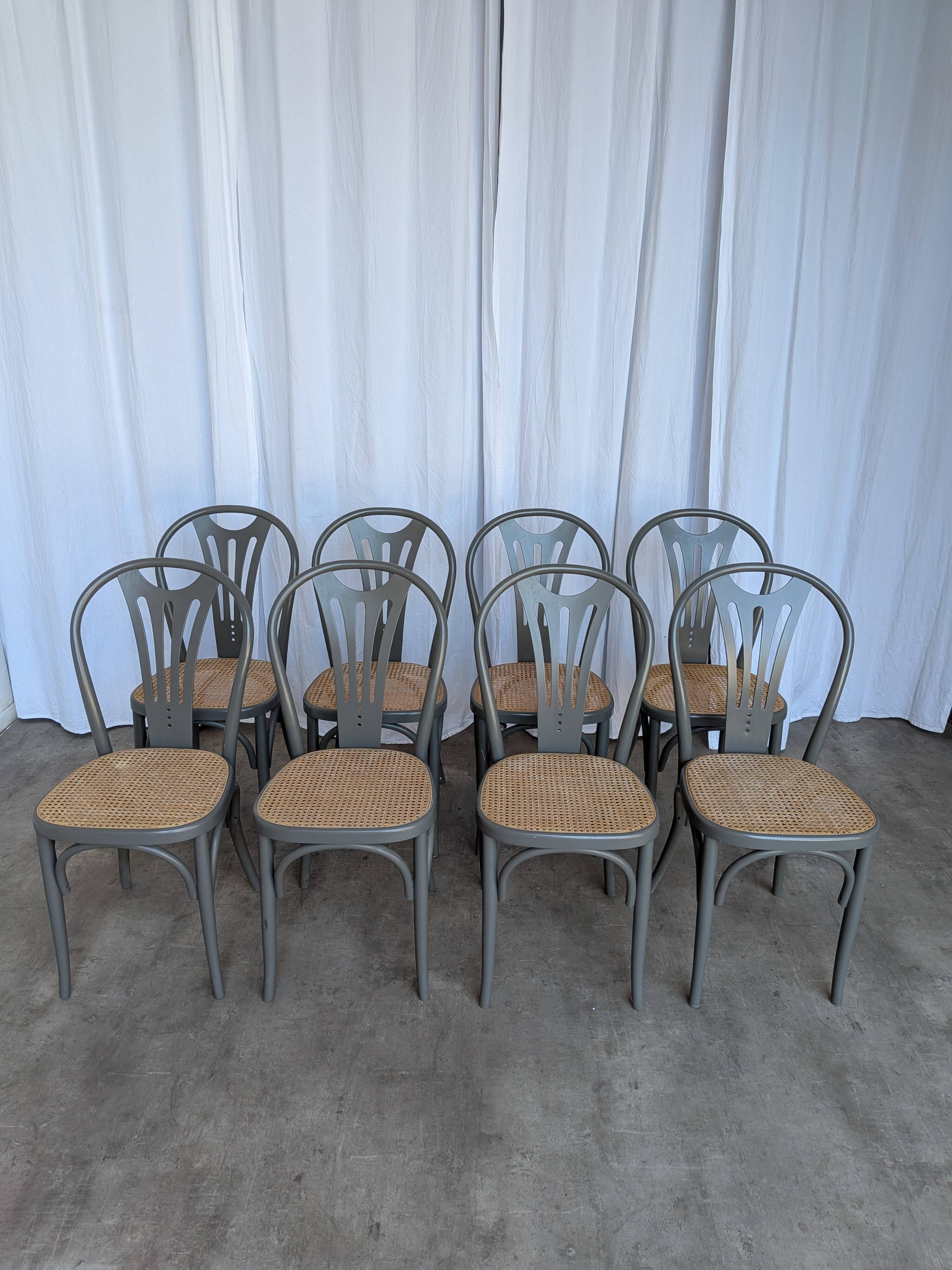 Set of 8 Vintage Gray Bentwood Dining Chair: Thonet Style Cane Seat