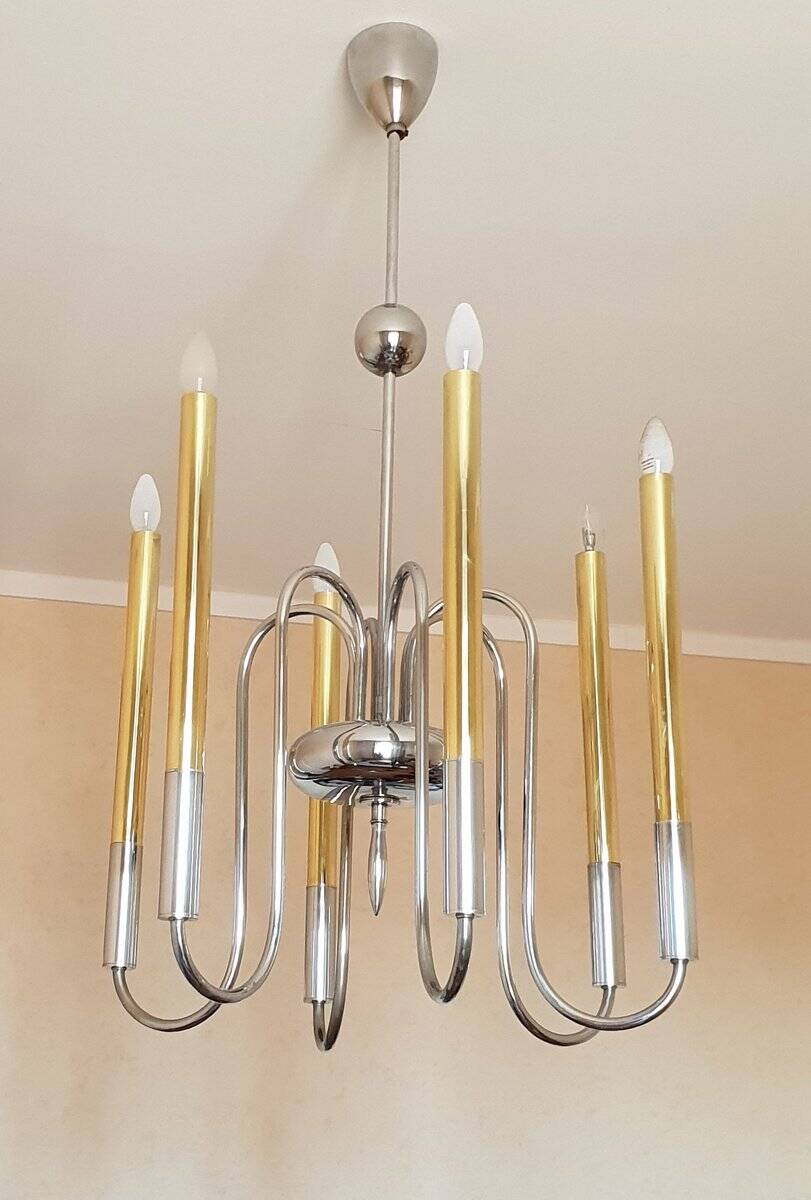 1950s chandelier in brass and chrome-plated brass with 6 lights