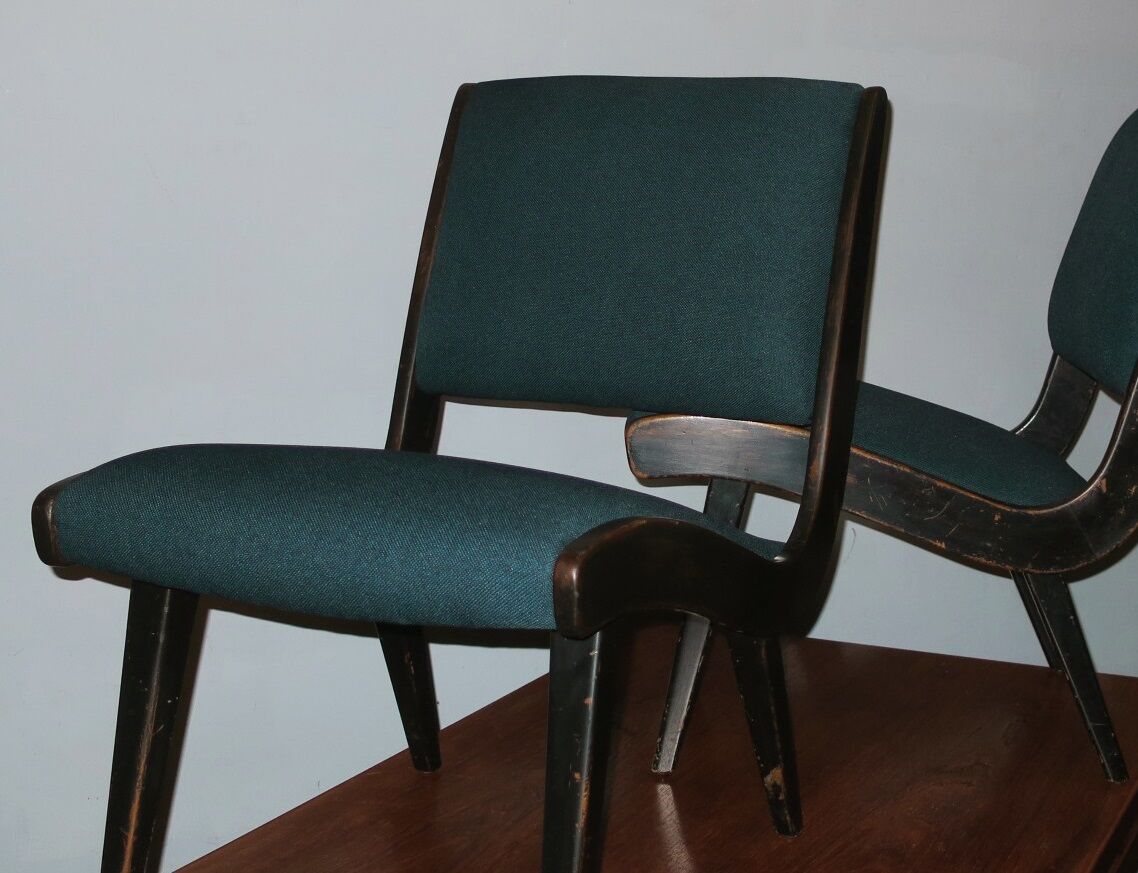 Jens Risom armless chair with ebonized frame and petrol blue-green covers