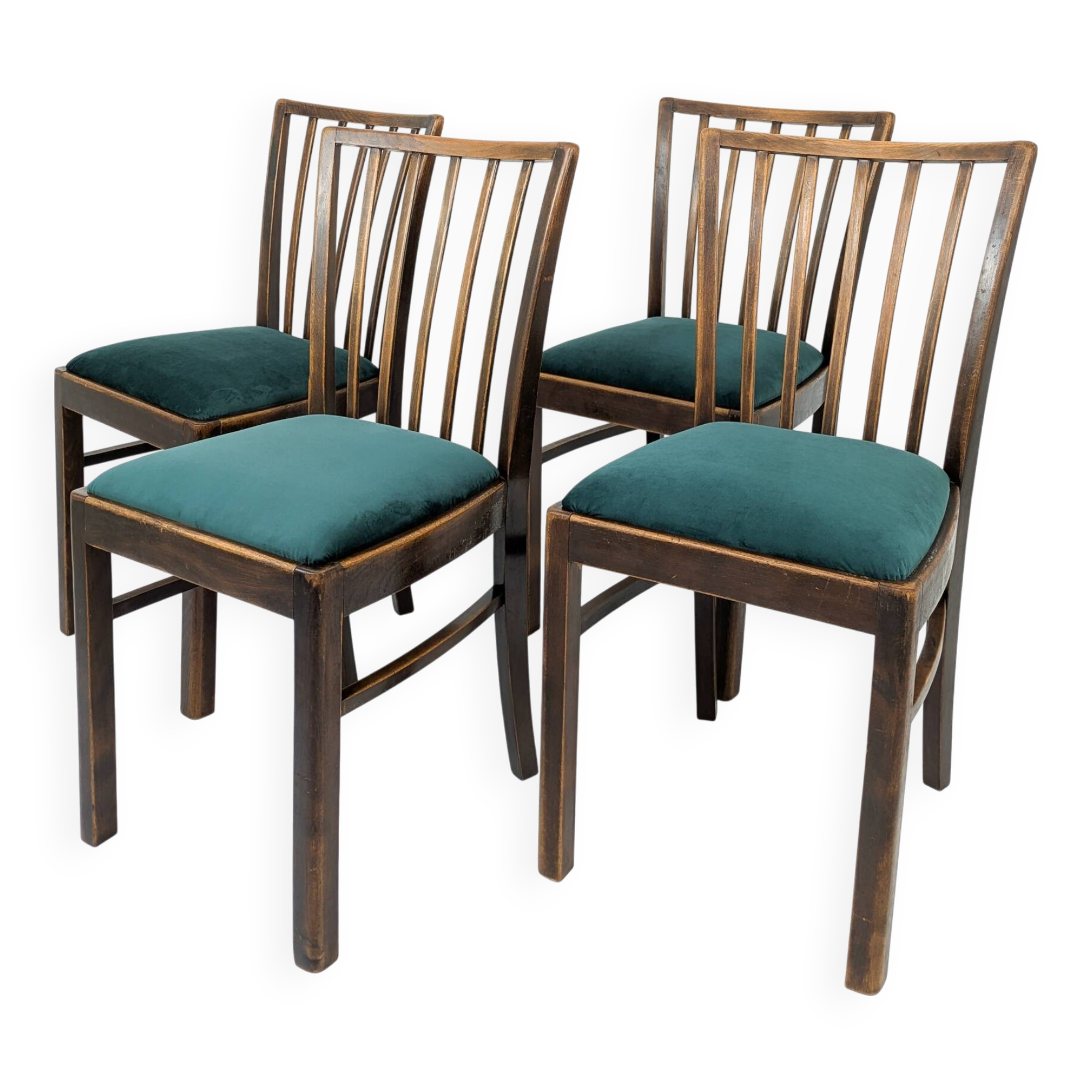 Lot de 4 chaises vintage bois brun, assise verte, style années 50
