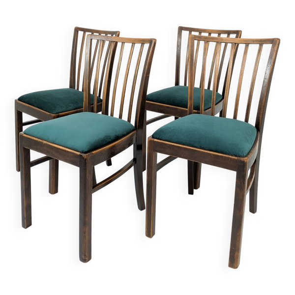 Lot de 4 chaises vintage bois brun, assise verte, style années 50