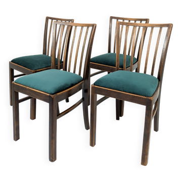 Lot de 4 chaises vintage bois brun, assise verte, style années 50