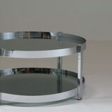 Round chrome-plated metal coffee table and smoked glass tops, France 1970s