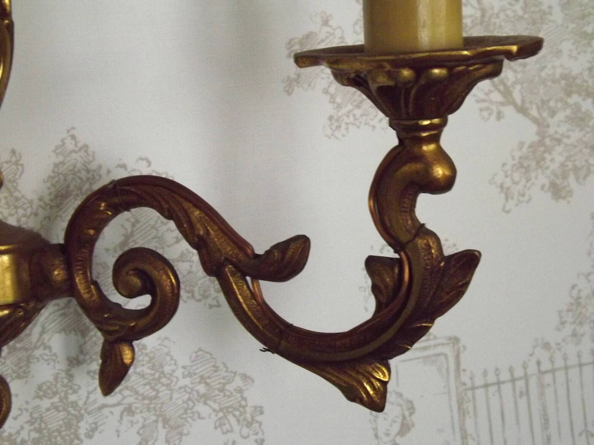 Pair Vintage French Traditional Style Bronze Mid Century Wall Lights 5345