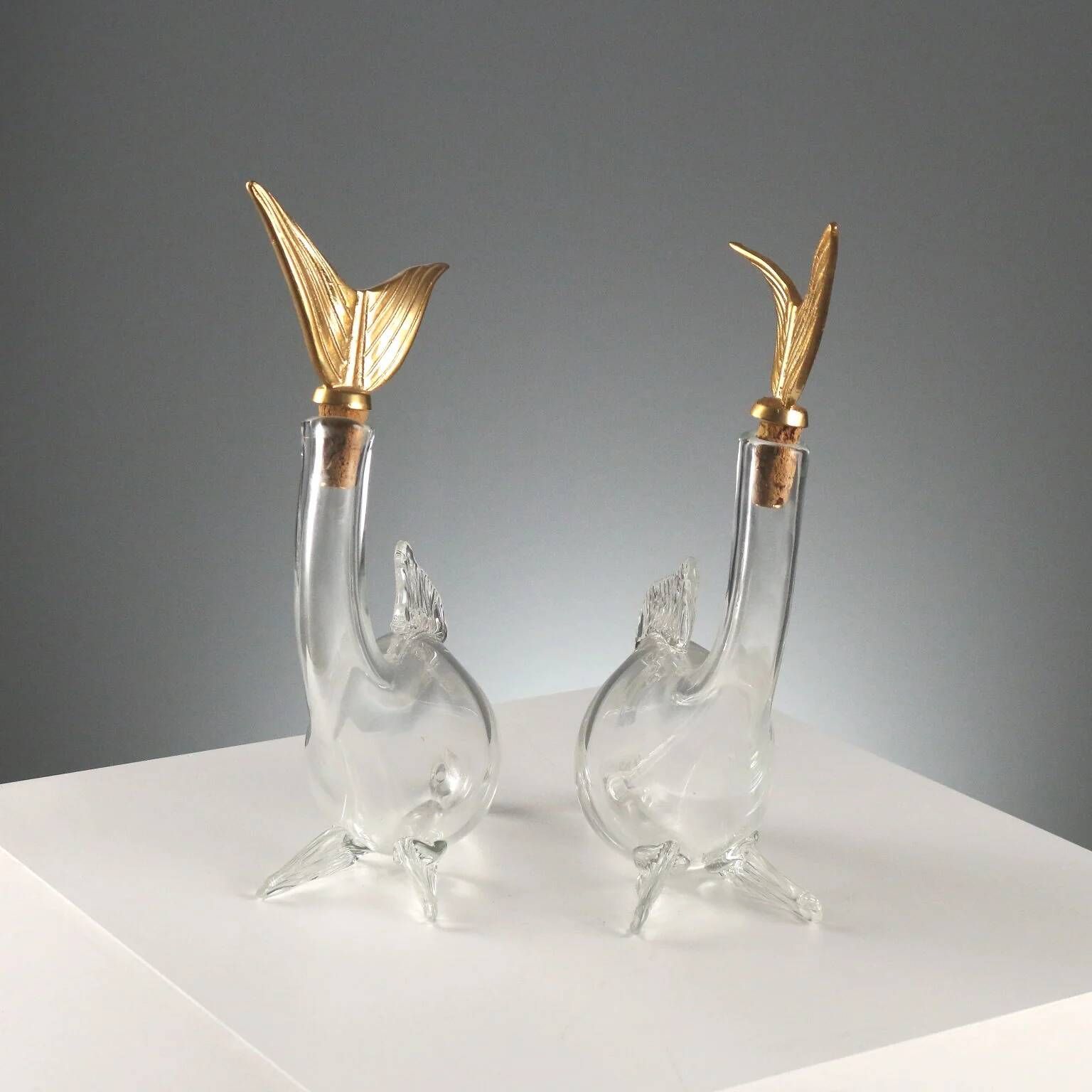 Vintage glass carafes from Murano and gold metal, Italy, 1980s.