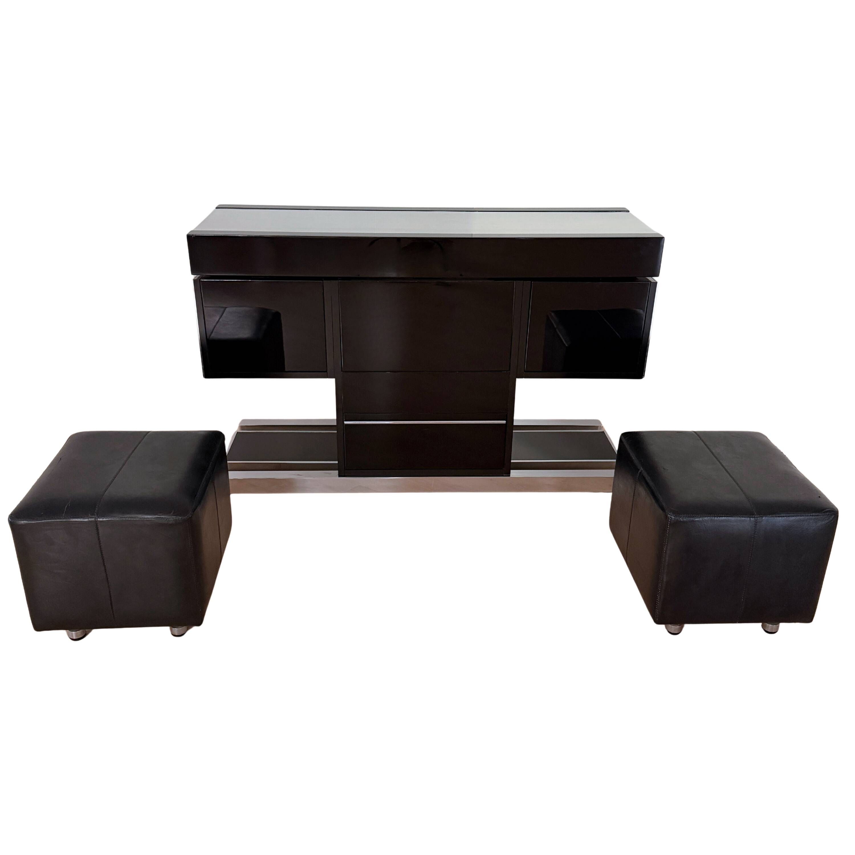 Willy Rizzo Dry Bar, Black Lacquer, Chrome, Leather, Italy circa 1970