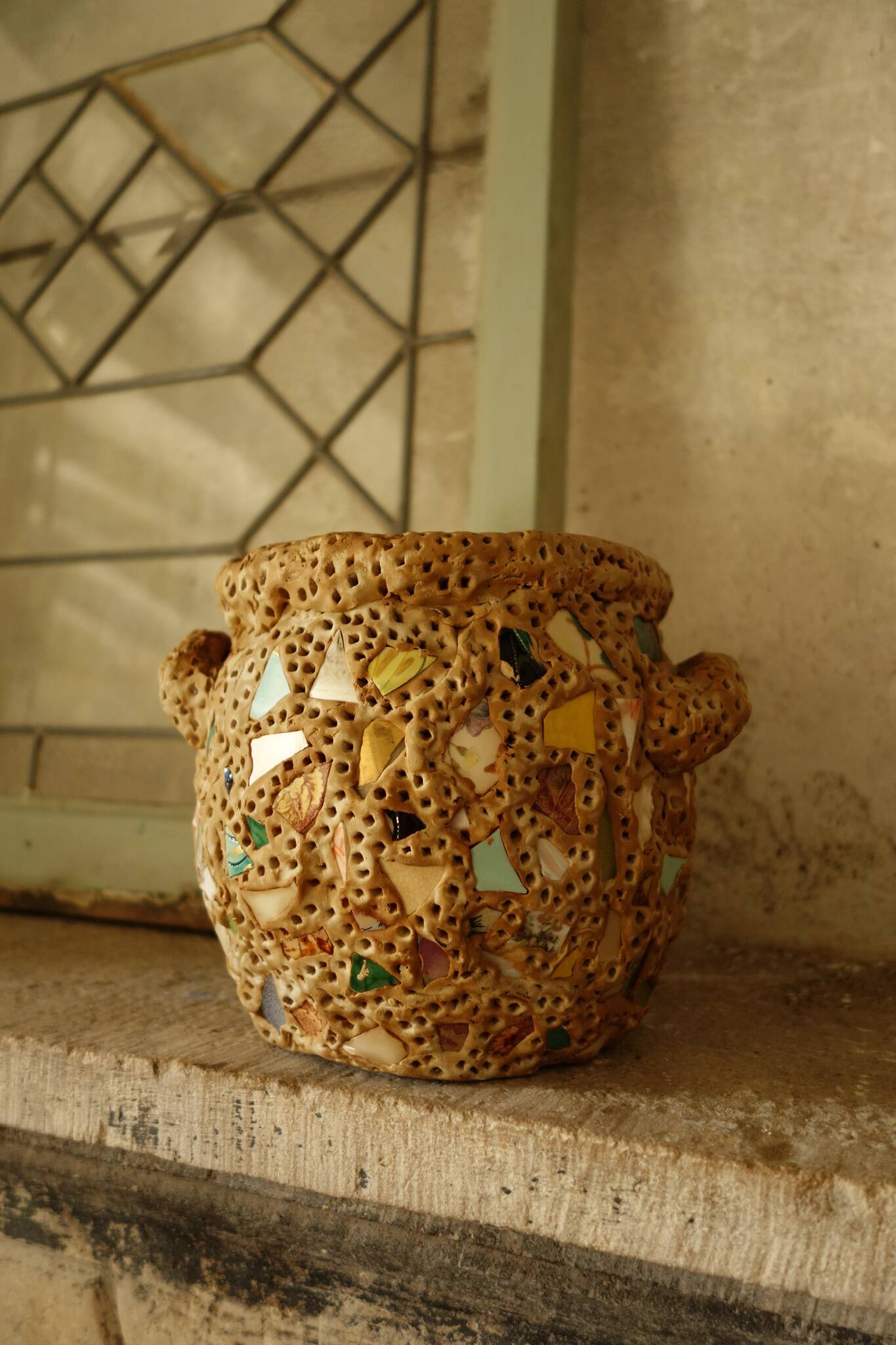 French Folk Art Mosaic Vase Pique Assiette