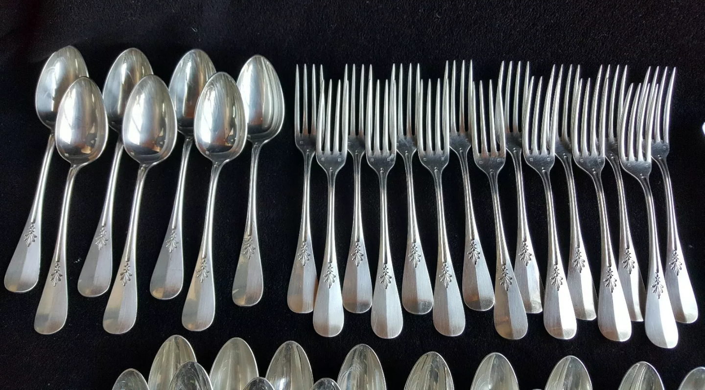 Cutlery set Alfenide Christofle 112 pieces goat's head punch white metal 1900