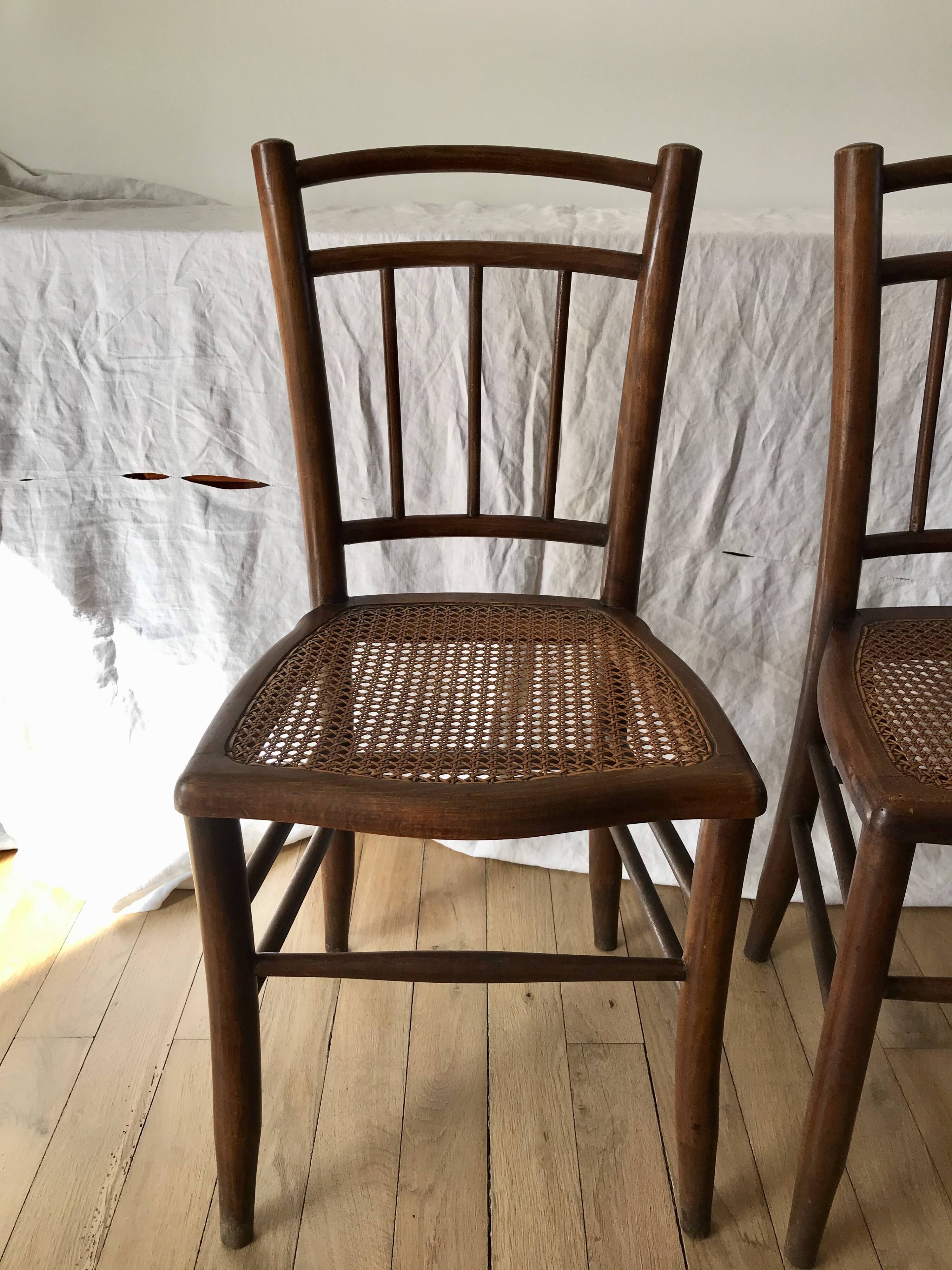 set of 4 bistro chairs in turned wood and canework stamped early 20th century