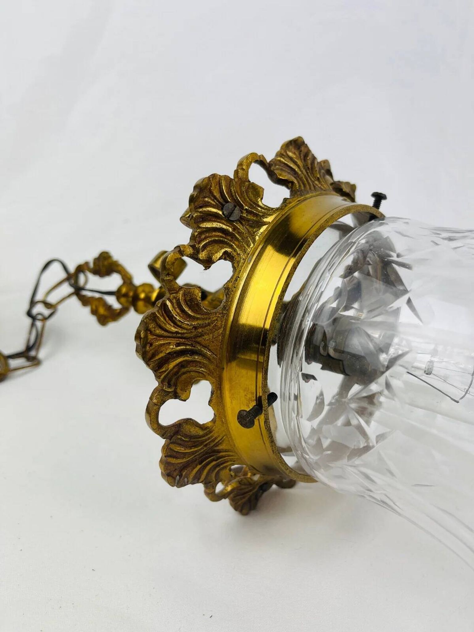Suspension lantern in gilded bronze and engraved glass, Louis XVI style.
