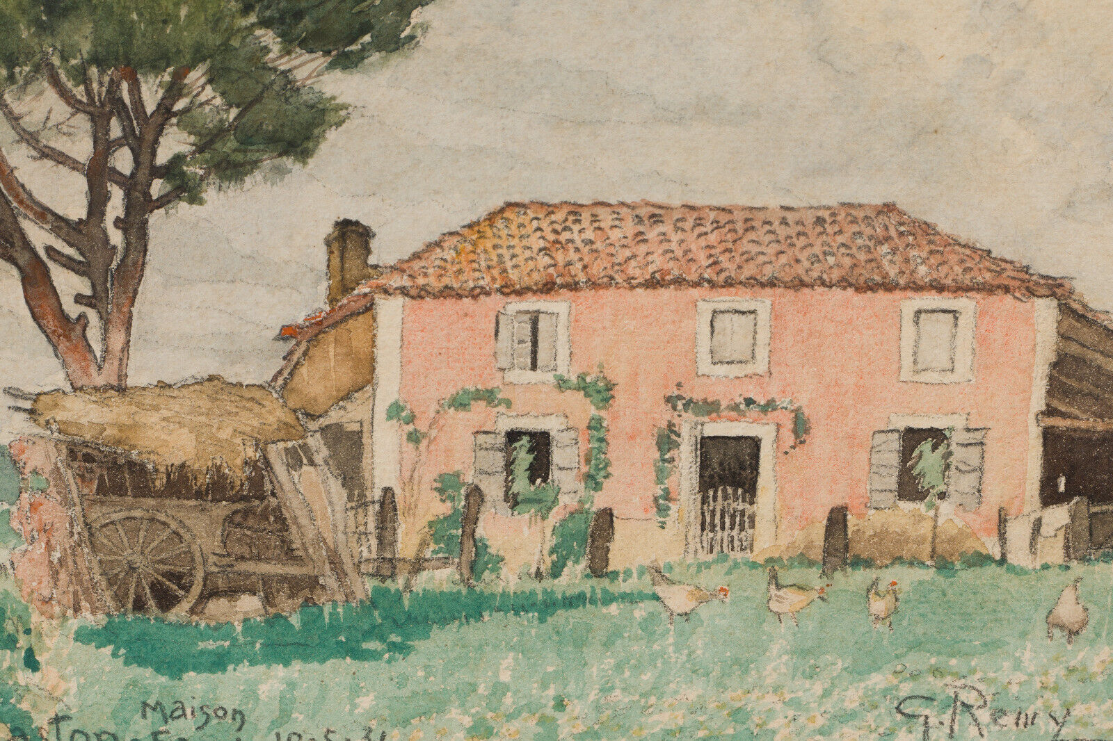 Watercolor on paper by G. Rémy farm house Serres Gaston Farot 1931