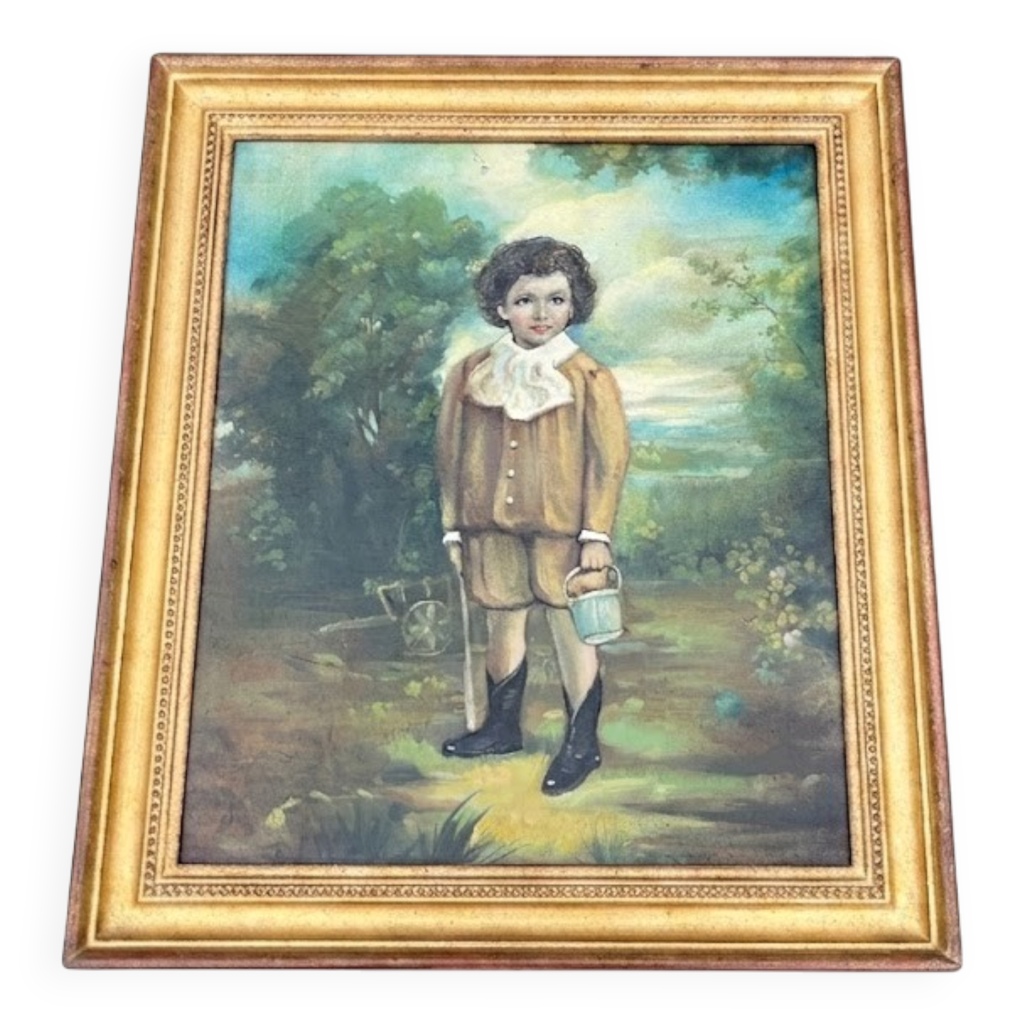 Tableau, huile sur panneau encadrée, portrait enfant au jardin style anglais, XIXe