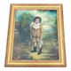 Tableau, huile sur panneau encadrée, portrait enfant au jardin style anglais, XIXe