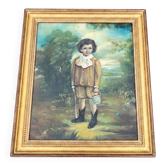 Tableau, huile sur panneau encadrée, portrait enfant au jardin style anglais, XIXe