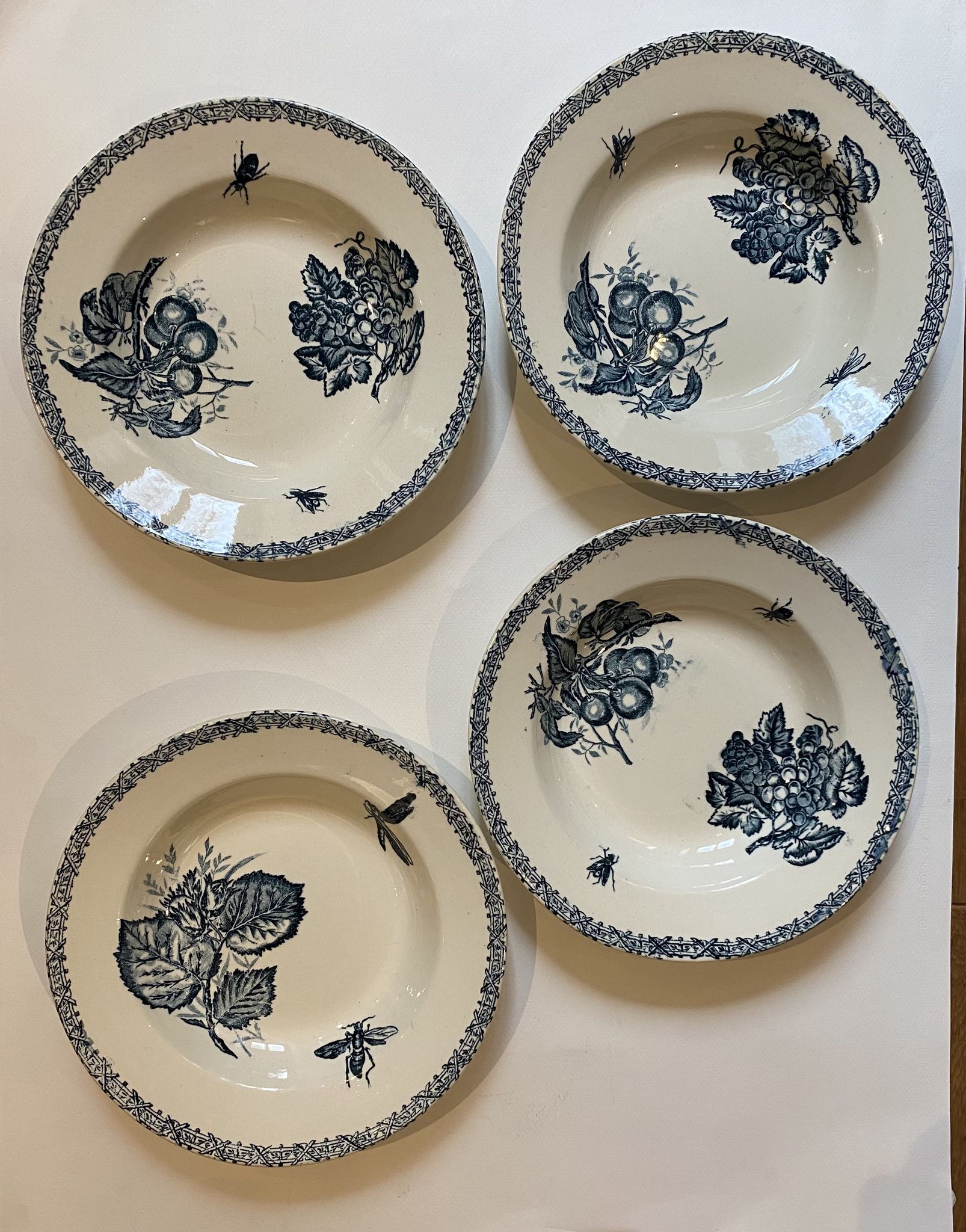 Set of 4 hollow plates, insect and fruit decorations, Manufacture Choisy le Roi, Terre de fer