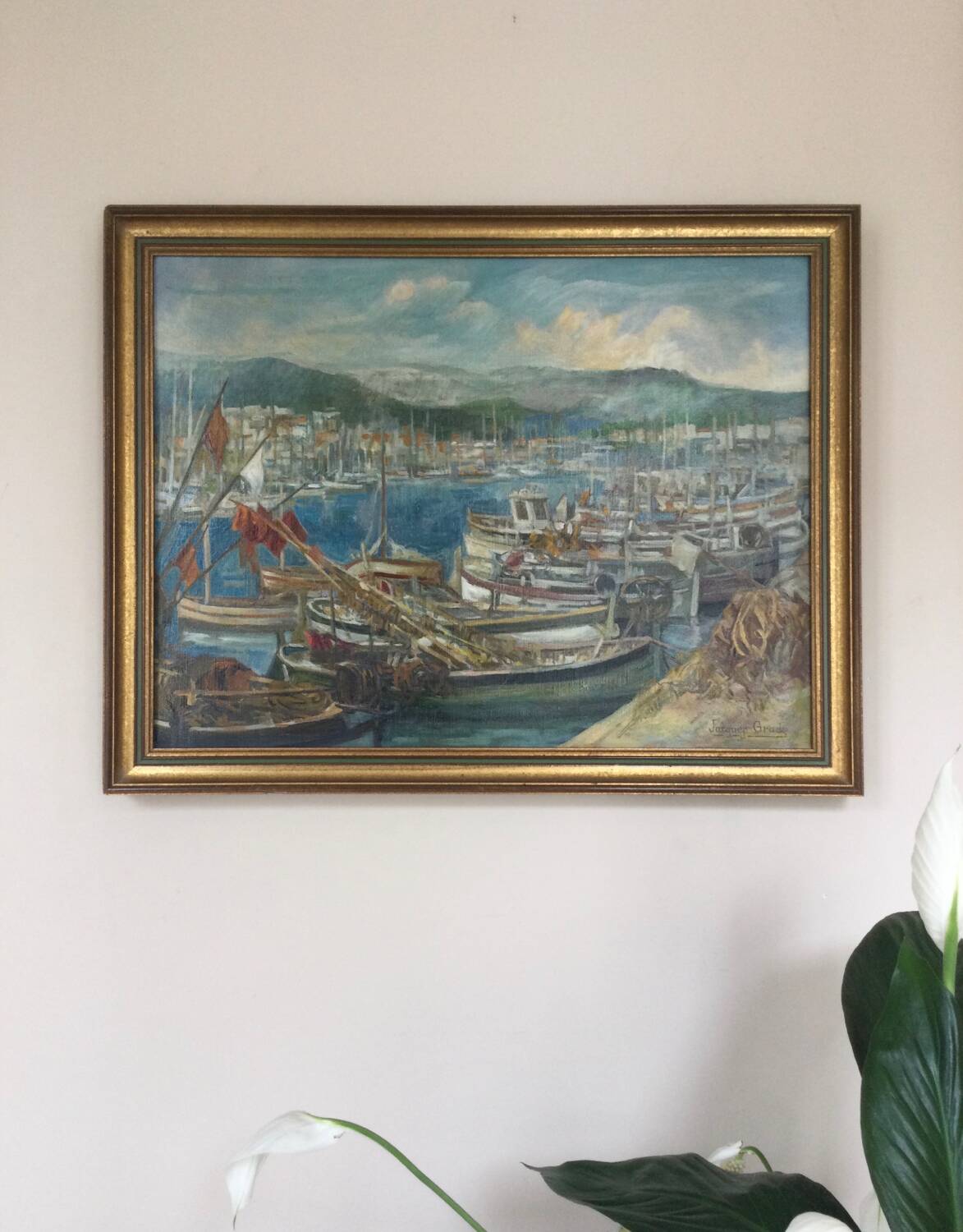 Small port. oil on canvas by jacques grad 1920-2008.