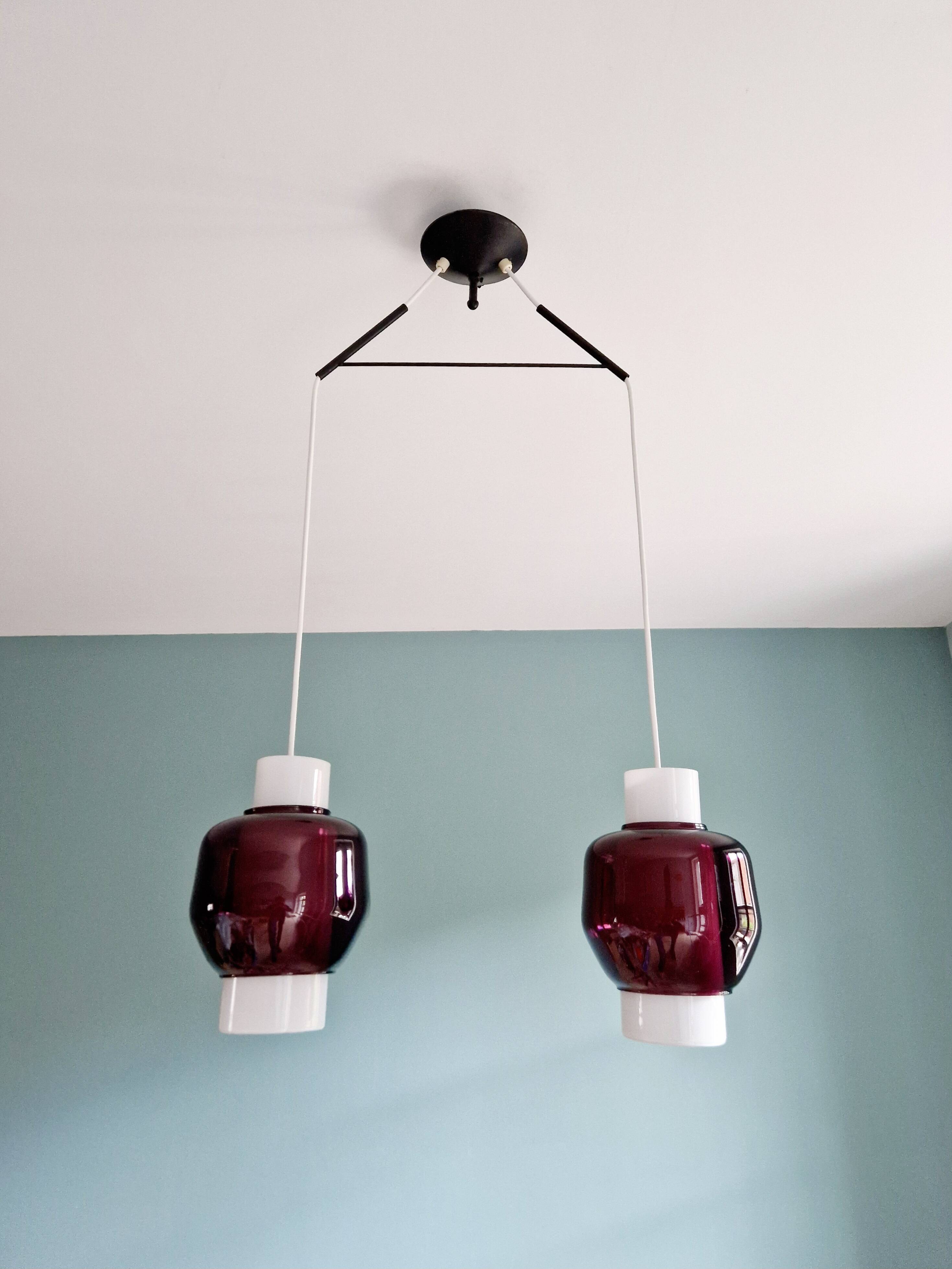 Scandinavian double pendant light in white opaline and amethyst glass, 1960s
